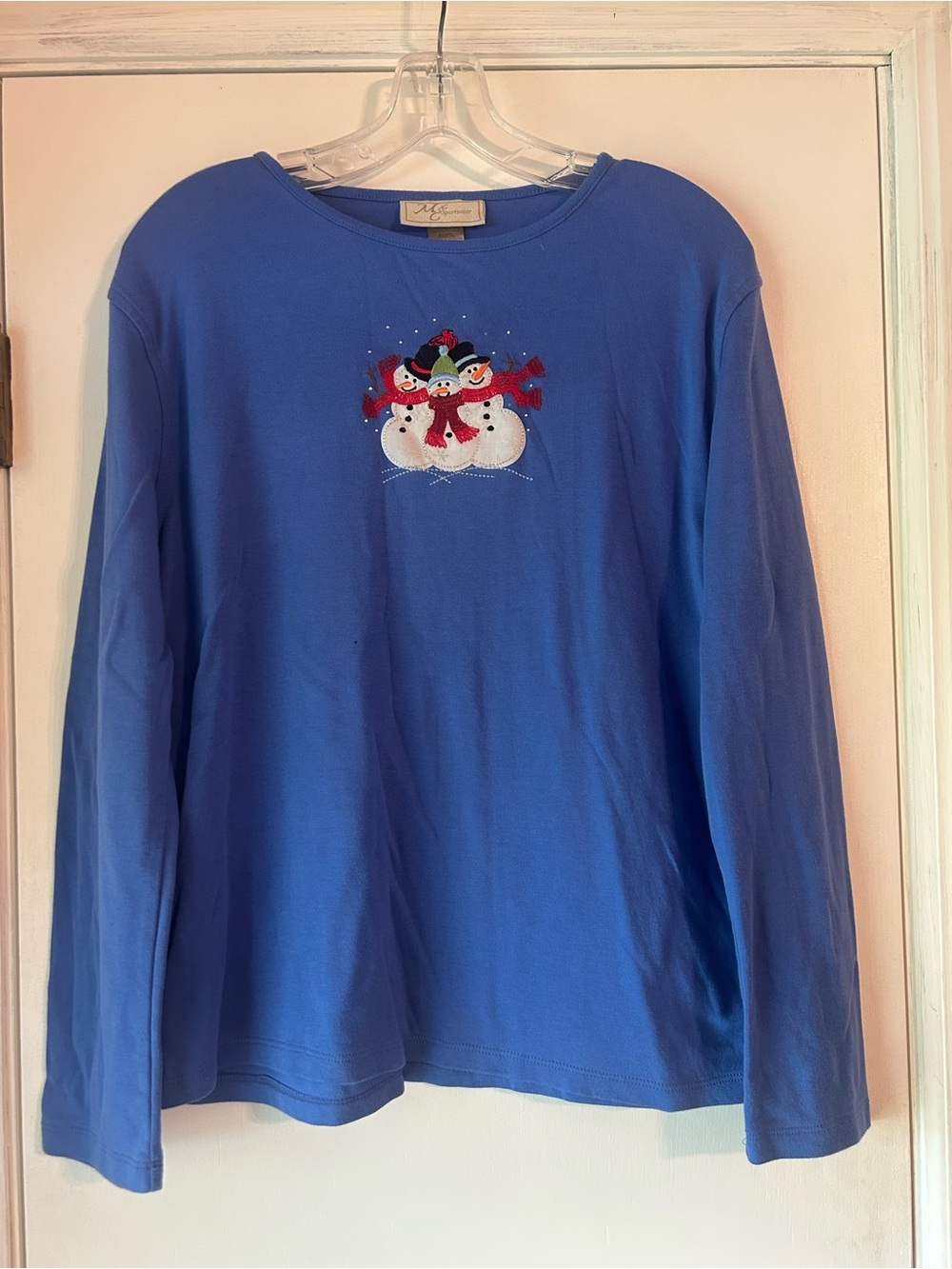 Blue Long-Sleeve Snowman Embroidered Tee